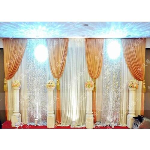 White Wedding backdrop stage curtain with shiny silver drape and gold swags party decoration