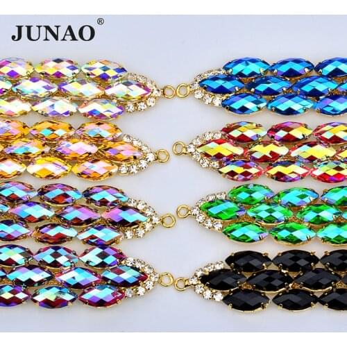 JUNAO 10*2cm Sewing Blue AB Glass Rhinestone Chain Bikini Connector Clothes Appliques Crystal Trim Gold Claw Crystals Stones