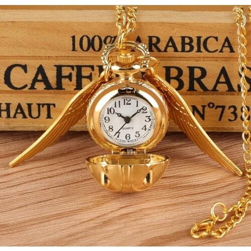 Top Luxury Gold Snitch Ball Pocket Watch Tiny Wings Necklace Pendant Chain Clock Gifts for Kids Children reloj Souvenir Gifts