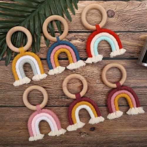 Baby Teething Ring Rainbow Wooden Boho Baby Teether Stroller Toys Shower Gift BPA-free material