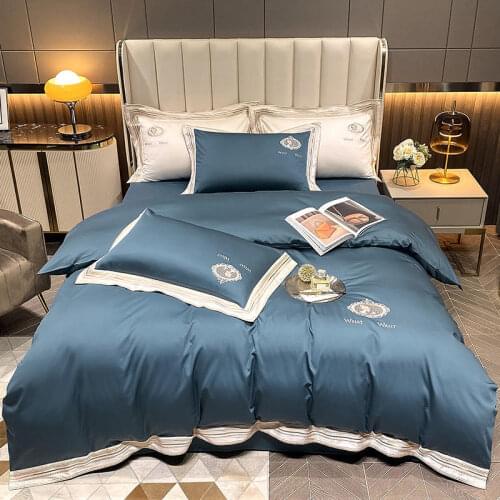 Europe Style Embroidery Duvet Cover Bed Sheet Bedspread Pillowcases Blue 600TC Egyptian Cotton Home Textile Bedding Set Luxury