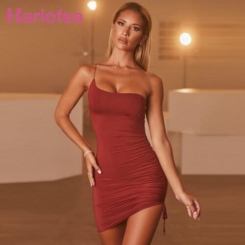 Karlofea Female 2020 Irregular Side Drawstring Ruched Nightclub Outfits Dress Chic One Shoulder Spaghetti Strap Party Mini Dress