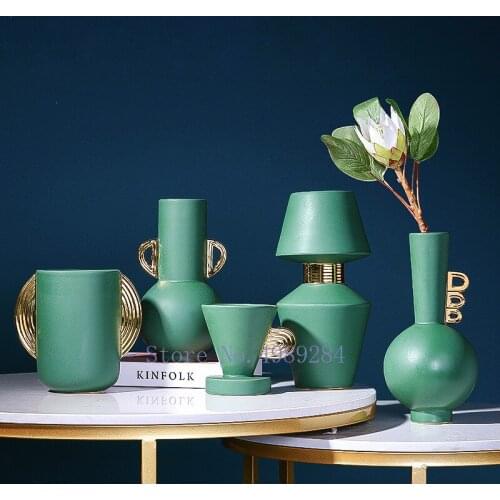 Ceramics Vase Abstract Green Golden Irregular Flower Arrangement Decoration Accessories Modern Home Art Handicraft Furnishings