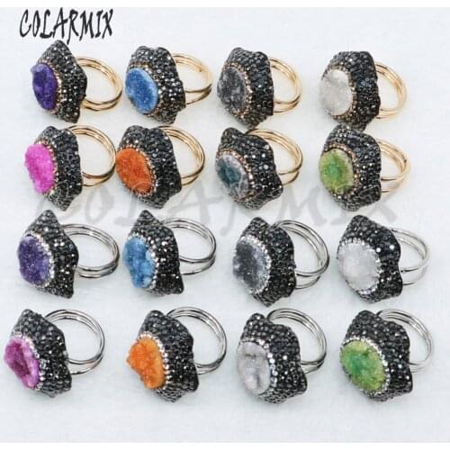 8 Pieces Mix color Geode stone Ring pave rhinestone natural stone rings mix color druzy rings gift for lady 4889