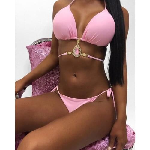 Women Hot Pink Bikini 2 Pieces Sets Rhinestone Decoration Hollow out bathing suit jewelry bra and panty sets Bandage bikinis