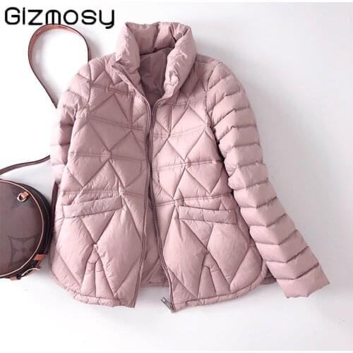 Gizmosy Winter Stand Collar Light Down Short Jacket Women 90% White Duck Down Warm Coat Female Casual Loose Slim Parkas Outwear