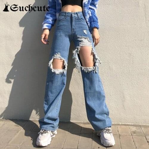 SUCHCUTE Womens Baggy Jeans Y2K High Waist Ripped Holes Denim Trousers Streetwear Fashion Boyfriend Cargo Pants Harajuku