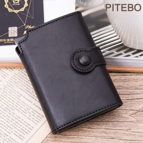 PITEBO RFID Blocking Men Credit Card Holder Aluminum Alloy Business ID Card Case Automatic Male Metal Leather Cardholder Wallet