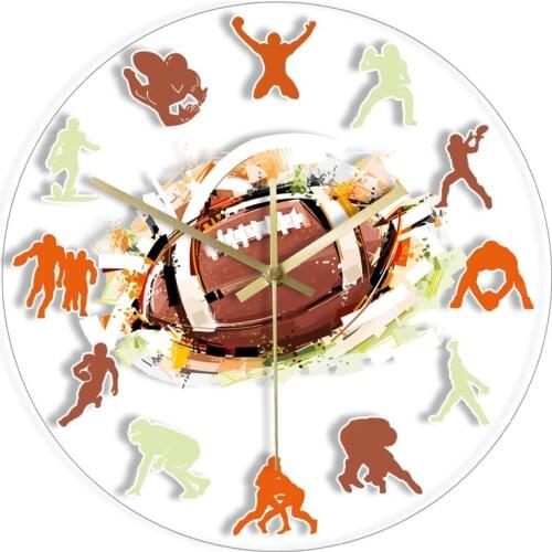 American Football Ball Watercolor Printed Wall Clock Sport Room Décor Football Player Silhouette Modern Design Silent Wall Clock