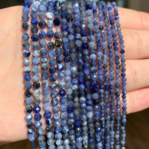 Natural Blue Sodalite Jaspers 2/3/4mm Faceted Loose Round Mineral Tiny Beads for Jewelry Making DIY Christmas Gift Bracelet 15