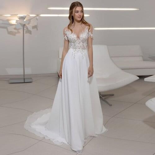 Charming Scoop Neck A-line Bridal Gowns 2021 Sweep Train Lace Appliques Chiffon Boho Short Sleeve Wedding Dress