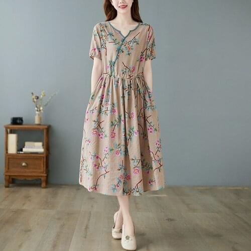 Women Cotton Linen Casual Dress New Arrival 2021 Summer Vintage V-neck Floral Print Ladies Elegant A-line Long Dresses B770