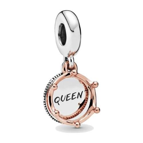 Genuine 925 Sterling Silver Bead Charm Queen & Rose Crown Dangle Charm Fit Pan Bracelets & Necklace Women Diy Jewelry