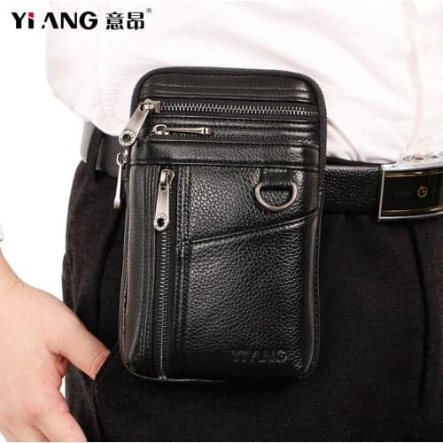 YIANG Mens Genuine Leather Belt Waist Bag Outdoor Multi-function Male Mini Bag Wear Mobile Phone Belt Hook Bag Coin Money Purse