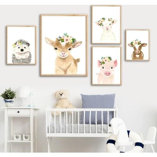 Lovely Hedgehog Deer Sheep Cow Pig Flower Leaf Wall Art Canvas Painting Nordic Posters And Prints Wall Pictures Kids Room Decor