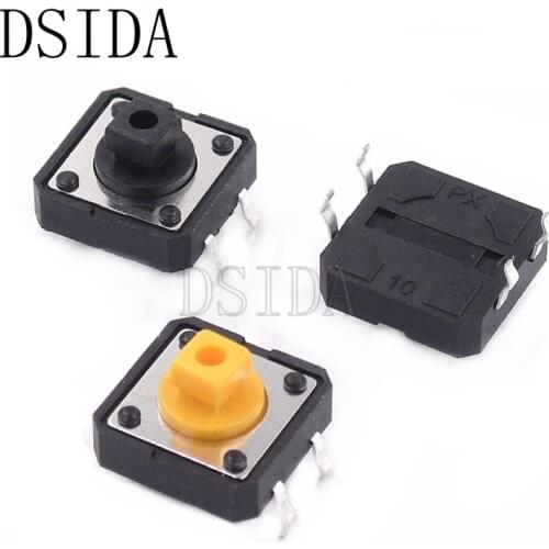 50PCS PCB 12*12*7.3mm 4pin Tactile Tact Mini Push Button Switch 12x12x7.3mm 4p SMT Vertical Micro Switch Yellow and black button
