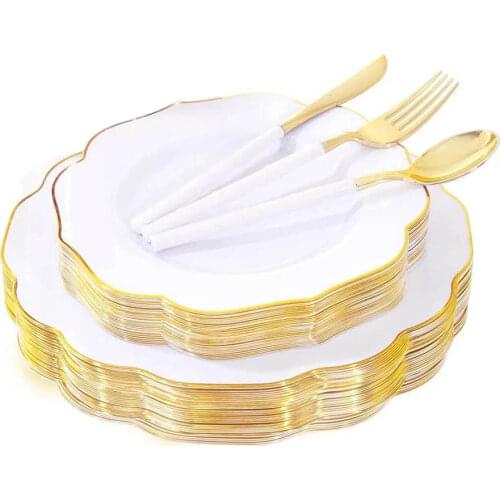 20-Piece Disposable Golden Plastic Plates Baroque White and Gold Disposable High-end Party and Wedding Plates