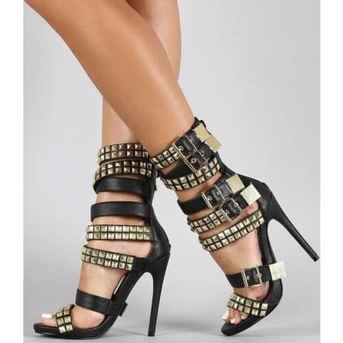 Punk Style Gold Studded Sandals High Heels Rome Gladiator Sandalias Buckle Straps Cut-outs Summer Dress Shoes Drop Shipping
