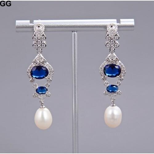 GuaiGuai Jewelry 2.3" Natural Rice Pearl Blue Crystal CZ Earrings 925 Sliver Hook