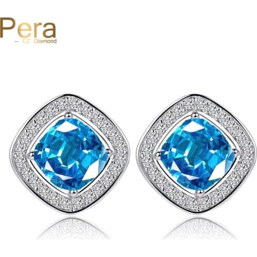 Pera New Arrival Silver Color Jewelry Trendy Big Square Cut Light Blue Austrian Crystal Women Earrings With Cubic Zircons E194