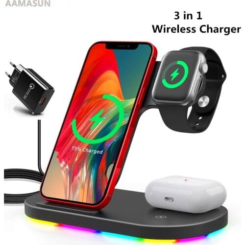 15W Fast Wireless Chargers Stand 3 in 1 for iPhone 12 11 Samsung Charging Dock Station for Apple Watch 6 5 4 3 2 AirPods Pro 2