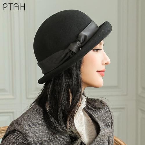 [PTAH] Autumn 100% Wool Hats New Womens Winter Hats Vintage Church Fedoras Hats For Women Fascinator Hats Gentleman Temperament