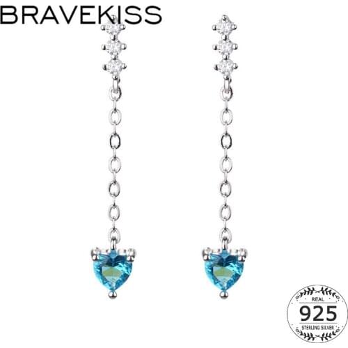 BRAVEKISS Blue Heart Long Chain CZ Drop Earrings for Women 925 Sterling Silver Fashion Zirconia dangle Luxury Jewelry BLE0649