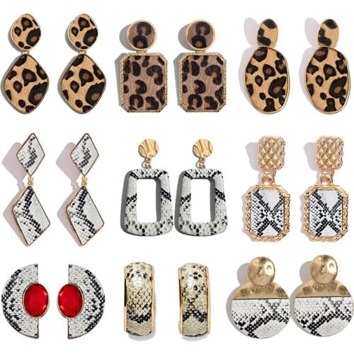 Flatfoosie ZA Leopard Print Long Dangle Earrings For Women Vintage Leather Round Square Gold Color Punk Big Drop Earring Jewelry