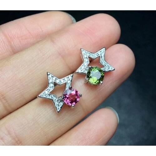 Natural red tourmaline Elegant earrings star stud earrings 925 silver natural green tourmaline earrings women party gift jewelry