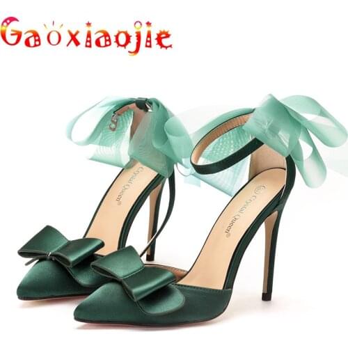 Women 11CM Silk Pointed Sandal New Super Sexy Bow Party Stilettos Fashion Cover Heel Decorate Lace Bowknot Prom High Heel Shoes