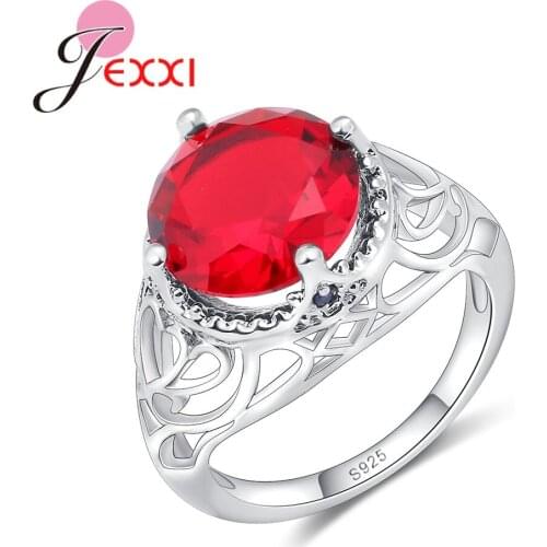 Elegant Princess Jewelry Sparkly Red Crystal Ring with Fashion Hollow Flower Band 925 Sterling Silver Round Bijoux