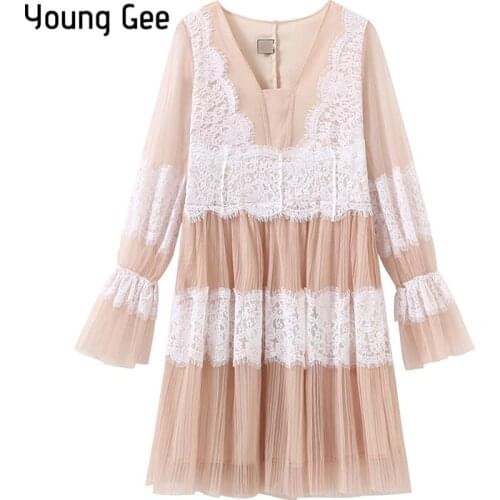 Young Gee New Summer Autumn Sweet Lace Floral Dress Women V-Neck Mesh Dresses Flare Sleeve Party Cake Pleated Dress Vestidos