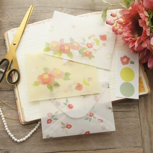 10.5*14.7cm 3pcs Soft Red Flower Design Envelop As Postcard Message Card Invitation Envelop Transparent and Seal Sticker