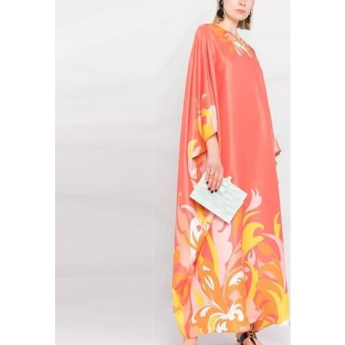 2021 Fashion Runway Loose Dresses Women Vintage Batwing Sleeve Printed knitting Elastic XXL Long Dress