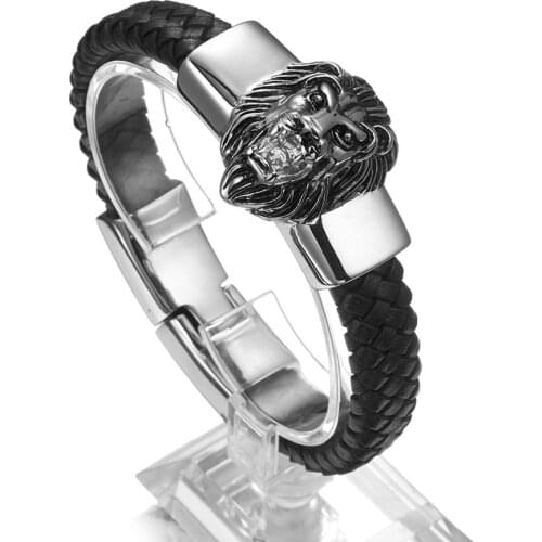 8.66"*15mm Punk Silver Black Braided Genuine Leather Stainless Steel Silver Color Lion Head Biker Jewelry Mens Bracelet Bangle