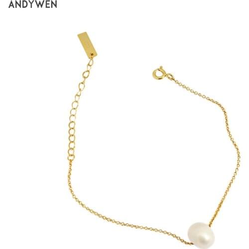 ANDYWEN New 925 Sterling Silver Gold Pearl Chain Bracelet Wedding Fashion Party Rock Punk Jewelry 2020 Rock Punk Accessories