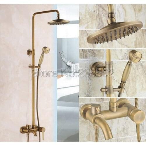 Antique Brass Single Handle Rain Shower Faucet Set Wall Mounted Bathtub Mixer Tap + Rainfall Shower Heads + Hand Spray lrs185