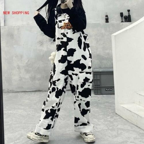 Loose Hip-hop Harajuku Girl Cow Print Bodysuit for Women Black White Plaid Overalls Casual Jumpsuit Trousers Baggy Pants Autumn