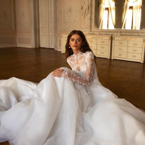 Eightree Princess Wedding Dresses White Lace Tulle Bohemian Bridal Dress Elegant Long Sleeve High Neck Wedding Gowns Plus Size