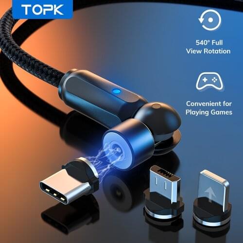 TOPK 540 Rotate Magnetic USB Cable Fast Charging USB Type C Cable Magnet Charger Data Charge Micro USB Cable Mobile Phone Cable