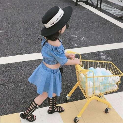 Girls Baby Summer Jeans Suits Denim Clothes Set Shoulderless Tops Shirts +Skirts,2019 childrens clothing Girl kids Casual suit