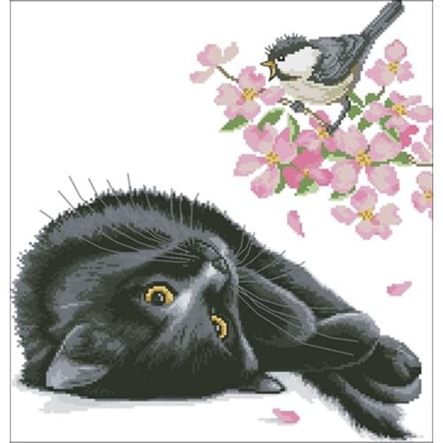 Cat watching birds under the peach tree Counted Cross Stitch 11 14 18CT DIY Chinese Cross Stitch Kits Embroidery Needlework Sets