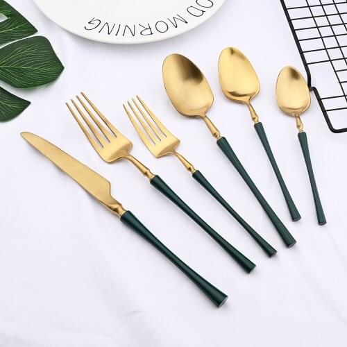 6/12/24Pcs Green Gold Dinnerware Set 18/10 Stainless Steel Flatware Set Tableware Knife Fork Spoon Teaspoon Matte Cutlery Set