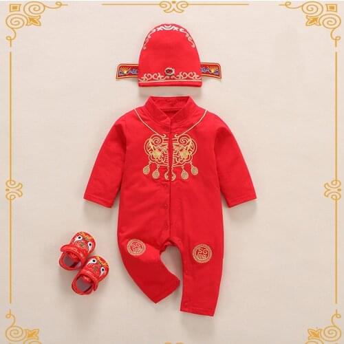 Newborn Infant Baby New Year Tang Suit Romper Jumpsuit +Hat+ Shoes Sets Chinese Style Jumpsuit Sets Spring Festival Baby Clothes