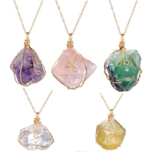 Natural Gem Stone Necklaces & Pendants Rough Pink Quartz Amethysts Chakra Reiki Jewelry Wholesale