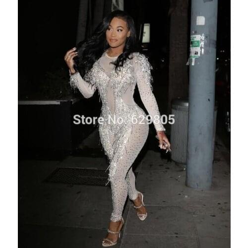 Sexy Crystals Sparkly Jumpsuit Shining Diamond Outfit Women Female Singer Dance Wear Stage Rhinestone Costume Nightclub Dress