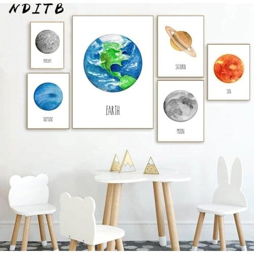 Child Universe Space Planet Canvas Print Painting Moon Sun Earth Nursery Art Poster Kid Geography Education Picture Room Decor