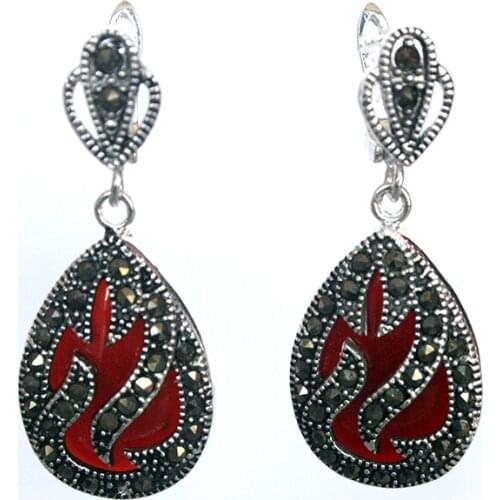 11/2" Genuine 925 Silver & Marcasite inlay red coral Waterdrop Earrings 5.29 REAL Natural