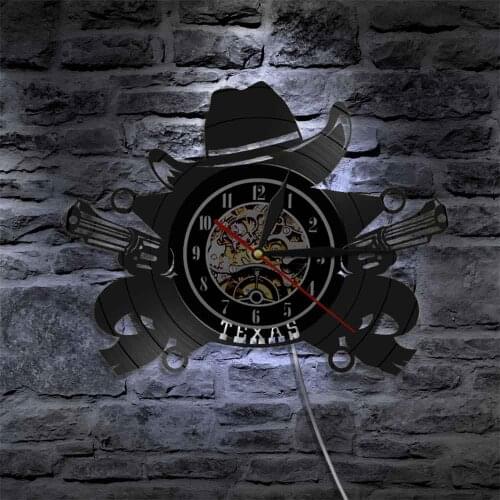 Texas Cowboy Wall Art Clock Western Usa Skyline Symbol Vinyl Record Wall Clock Wild West Vintage Rodeo Revolvers Wall Decor Gift