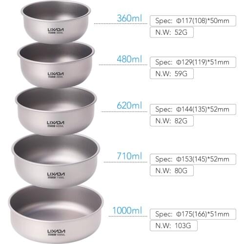 Lixada Titanium Bowls 360ml/480ml/620ml/710ml/1000ml Fruit Vegetable Dinner Bowl Plate Food Container for Home Outdoor Camping